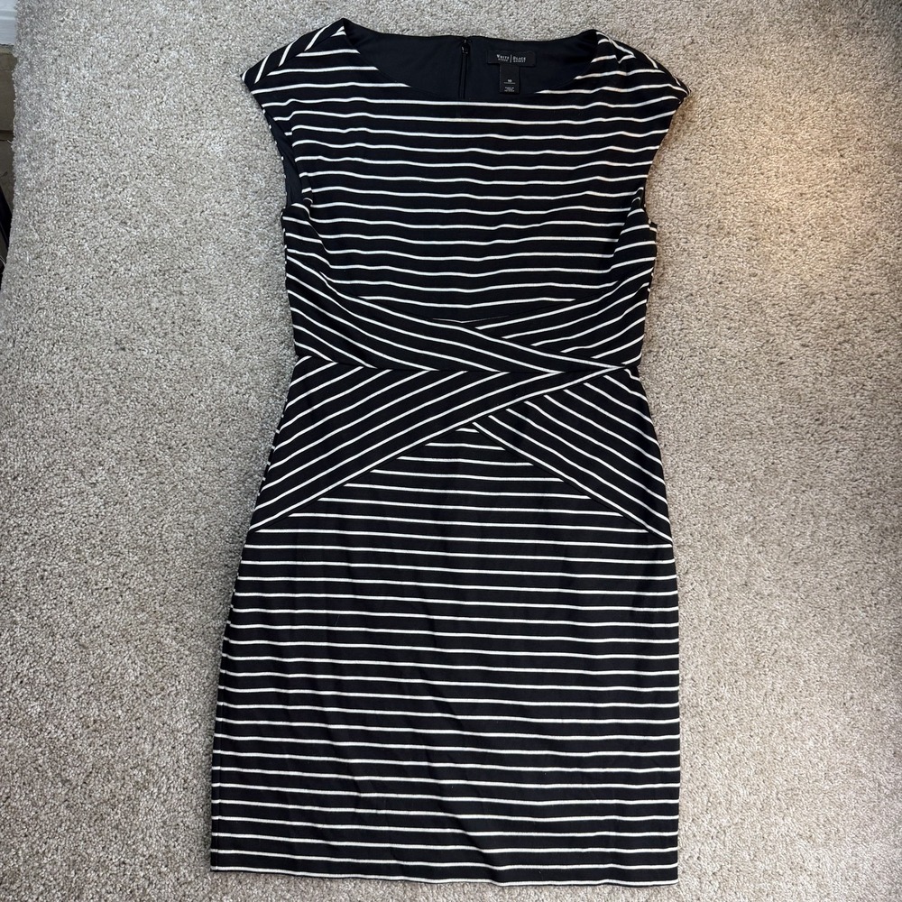 White House Black Market Dress Womens 10 Black Striped Short Sleeve Sheath Knee
